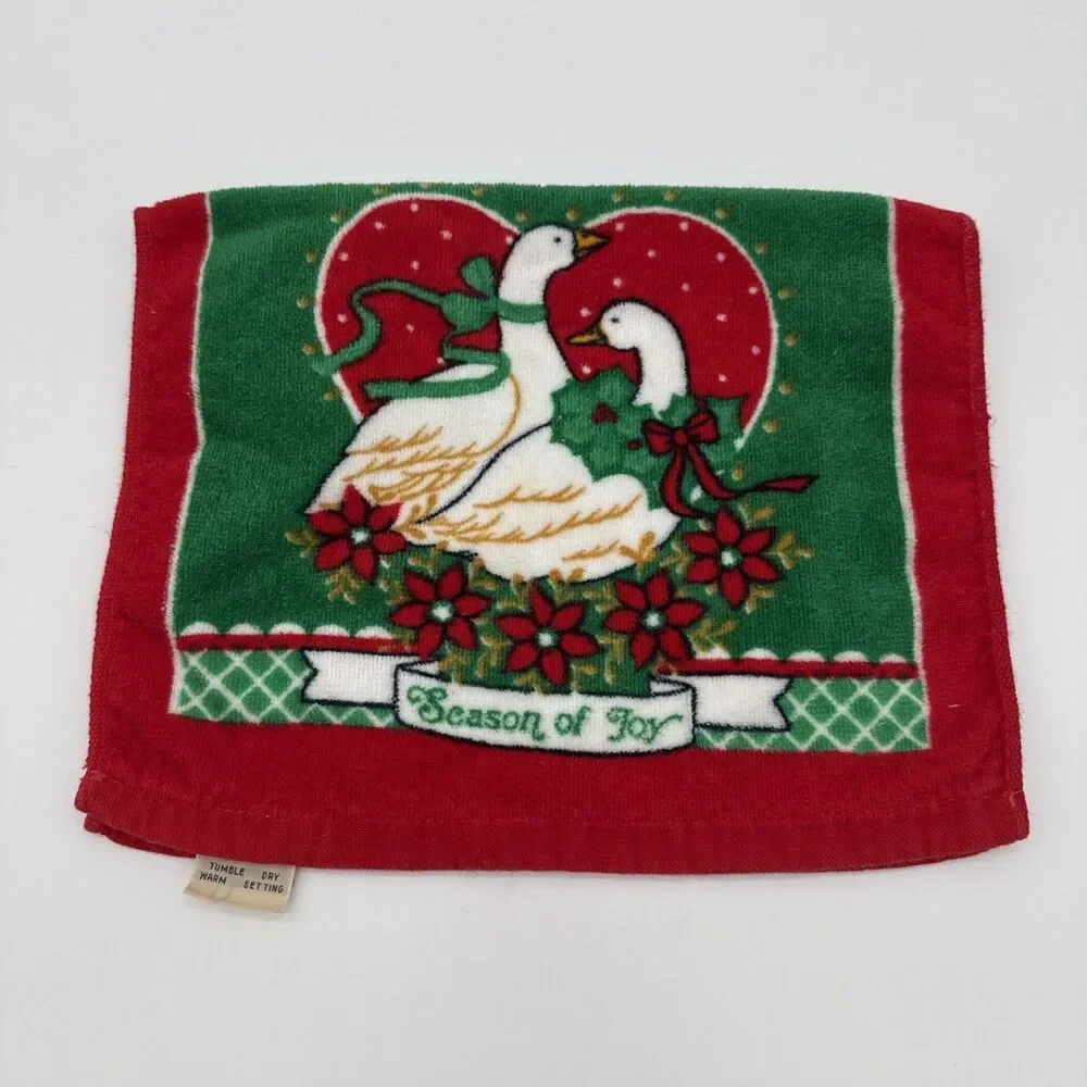 Vintage Christmas Goose Kitchen Hand Towel Festive Cottage Red Green
